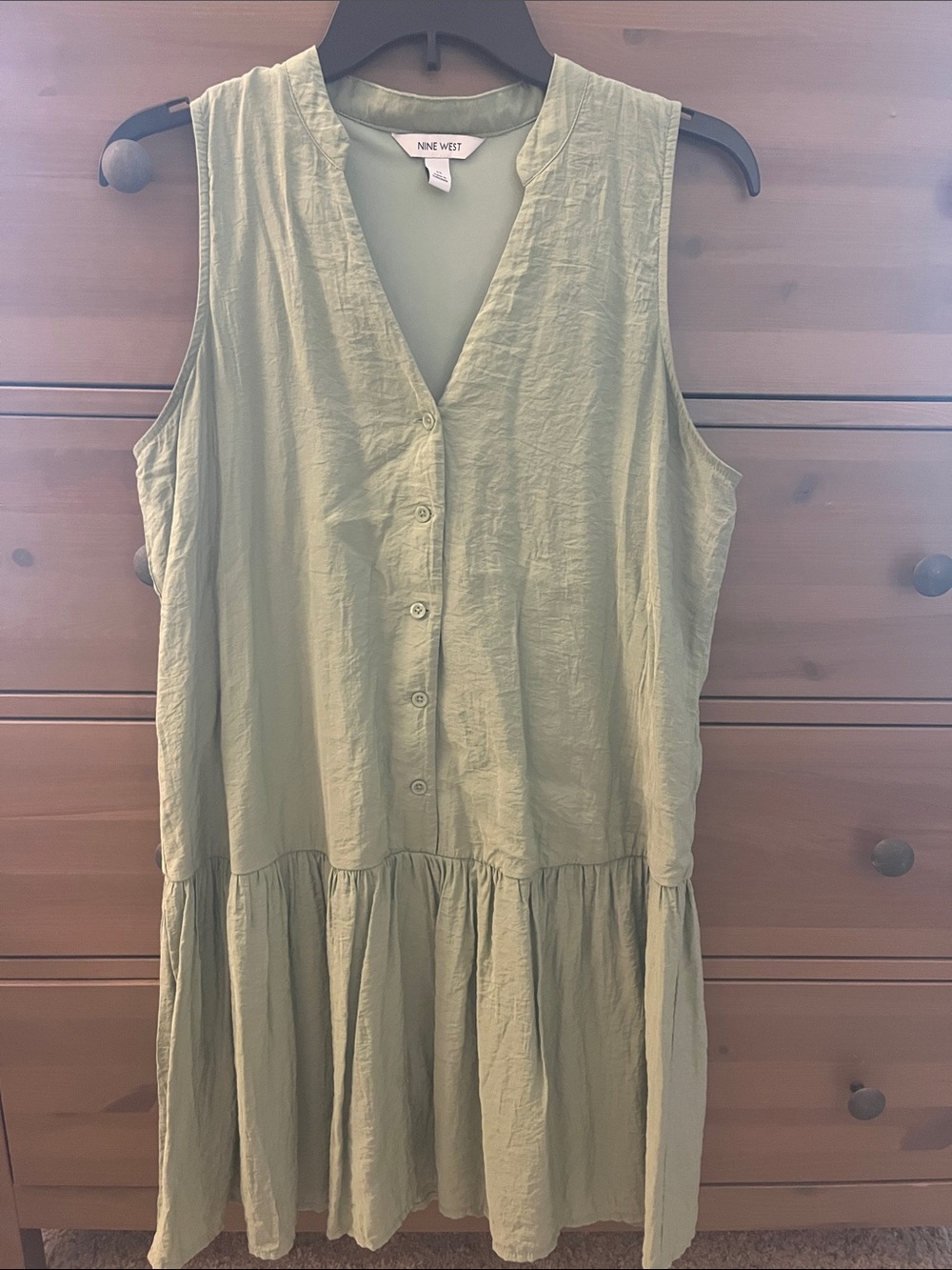Nine West Olive Sleeveless Button-Front Tiered Dress